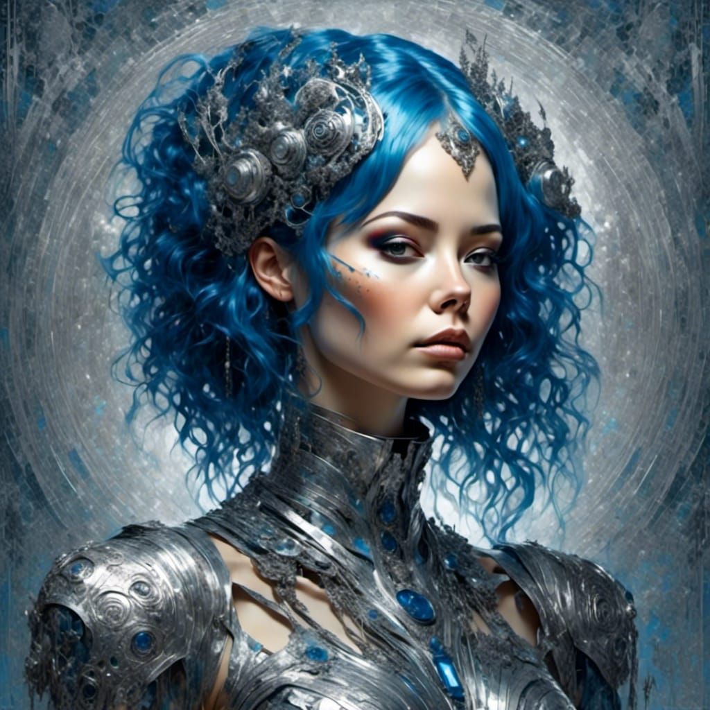 Cyborg Woman Portrait with Fractal Background