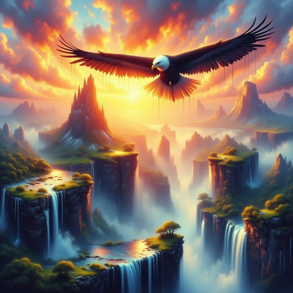 Floating Iridescent Islands with Eagle at Sunset