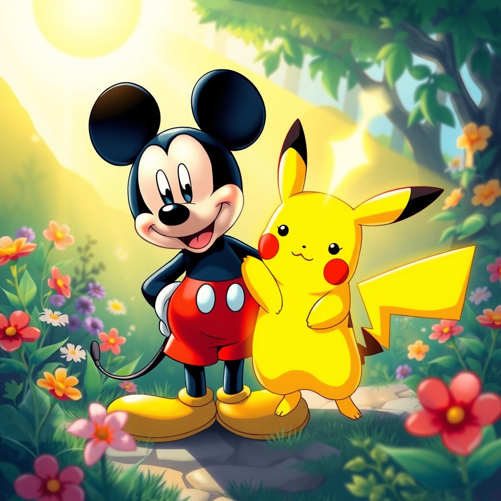 Mickey Mouse and Pikachu in Dreamlike Garden