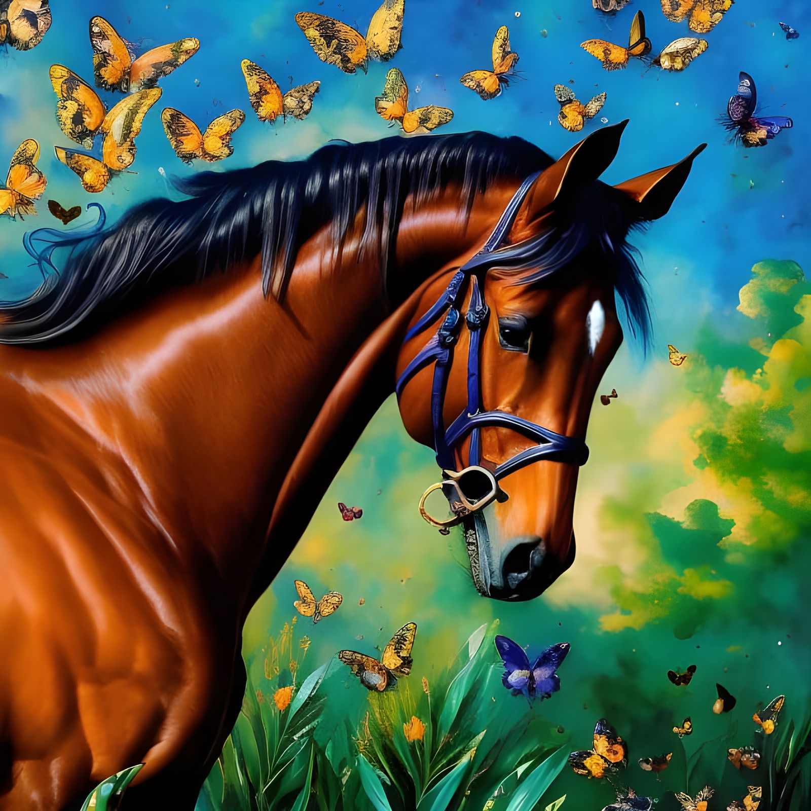 Horse with Butterflies: Marbling and Gouache Illustration