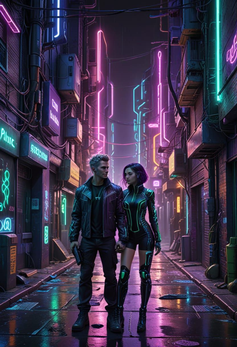 Futuristic Cityscape with Virtual Girlfriend in Neon Lights