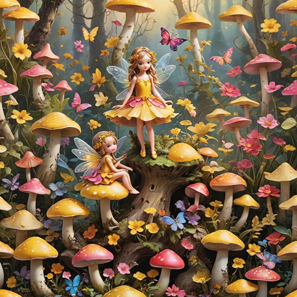 Captivating Fairy Adorned in Vibrant Hues on Mushroom