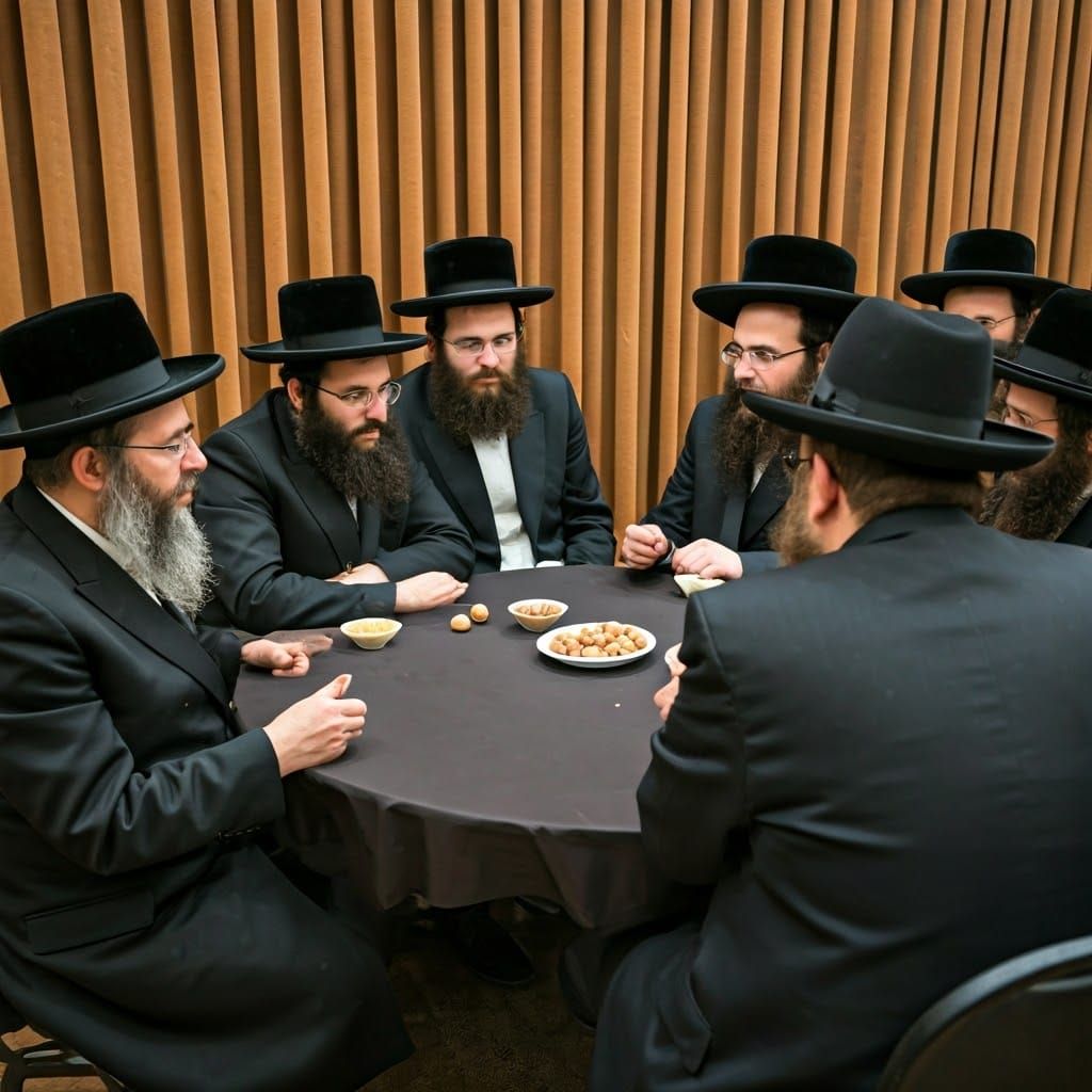 Hasidic Men Gather Around Round Table in Traditional Attire