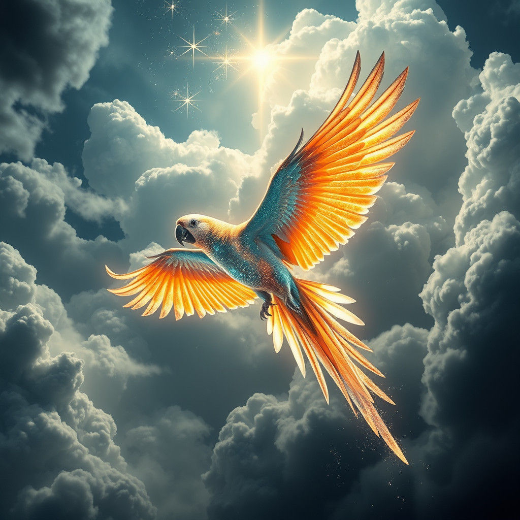 Luminous Parrot Soaring Through Thundercloud in Digital Art
