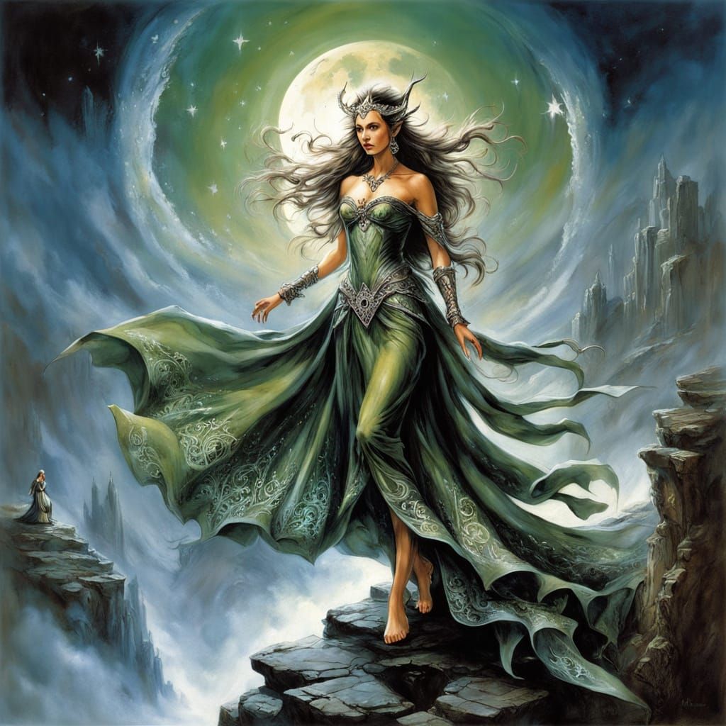 Majestic Elf Queen on Cliff Overlooking Starry Abyss