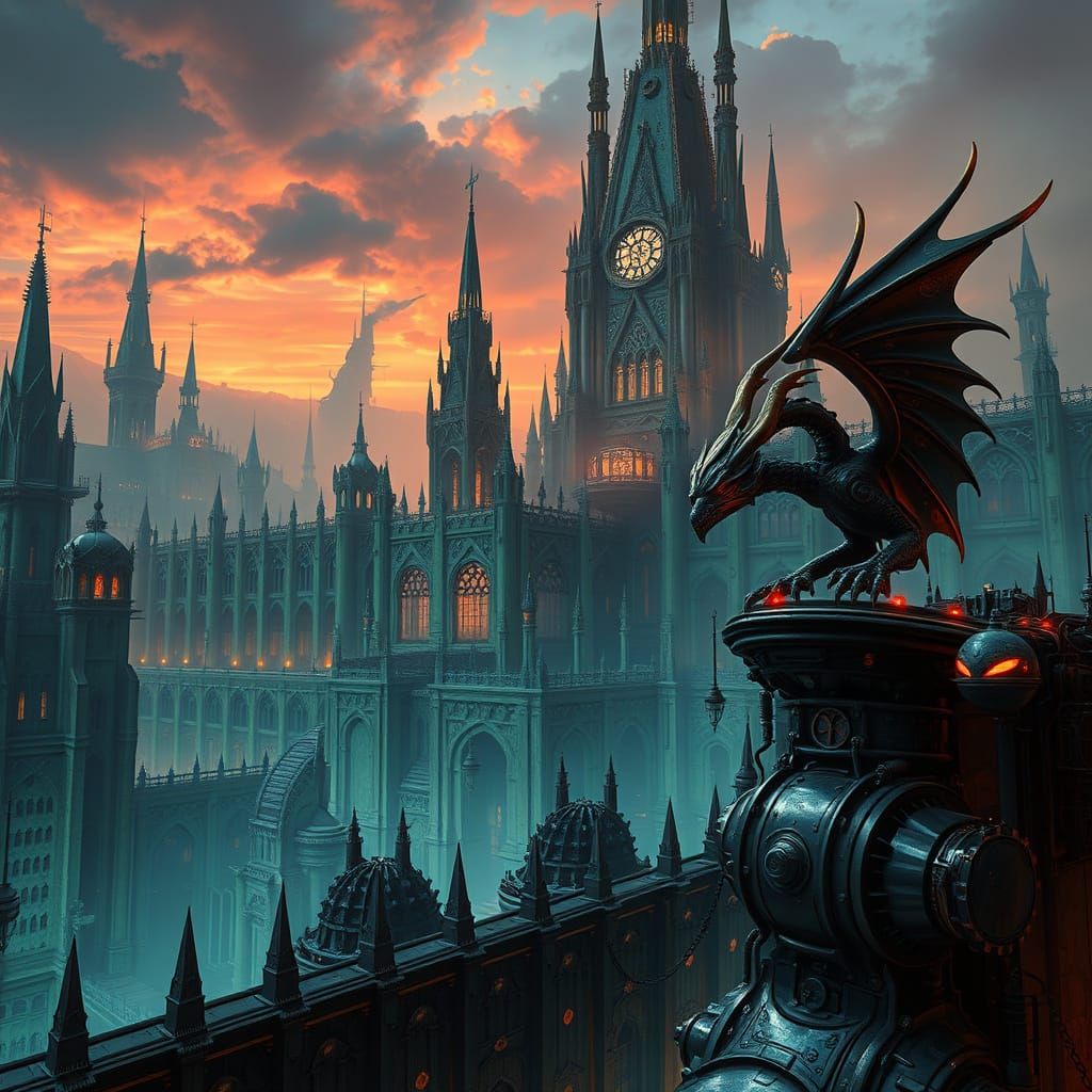 Gothic Copper Fortress with Neon and Steam Gears
