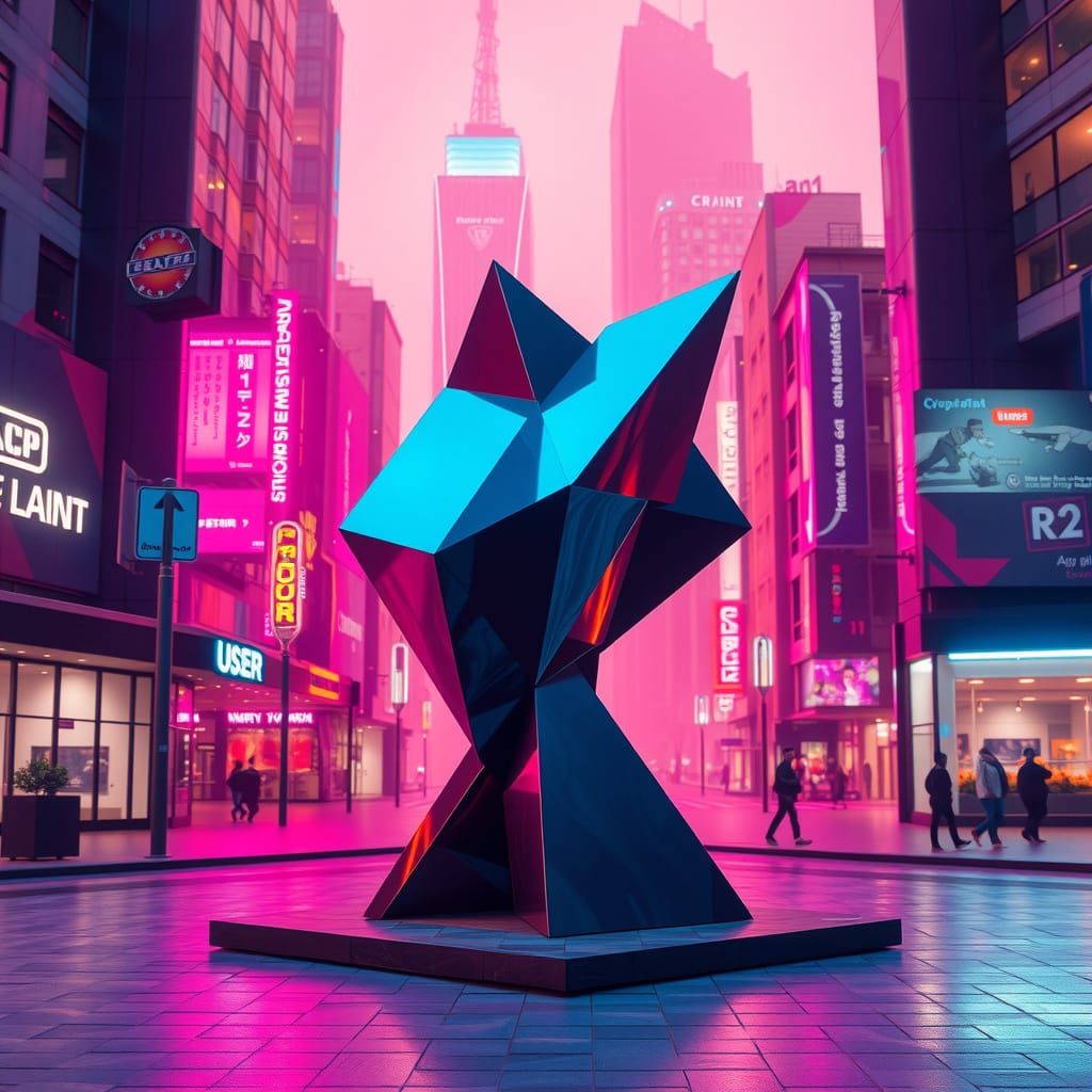 Cyberpunk Geometric Sculpture in Futuristic City Square