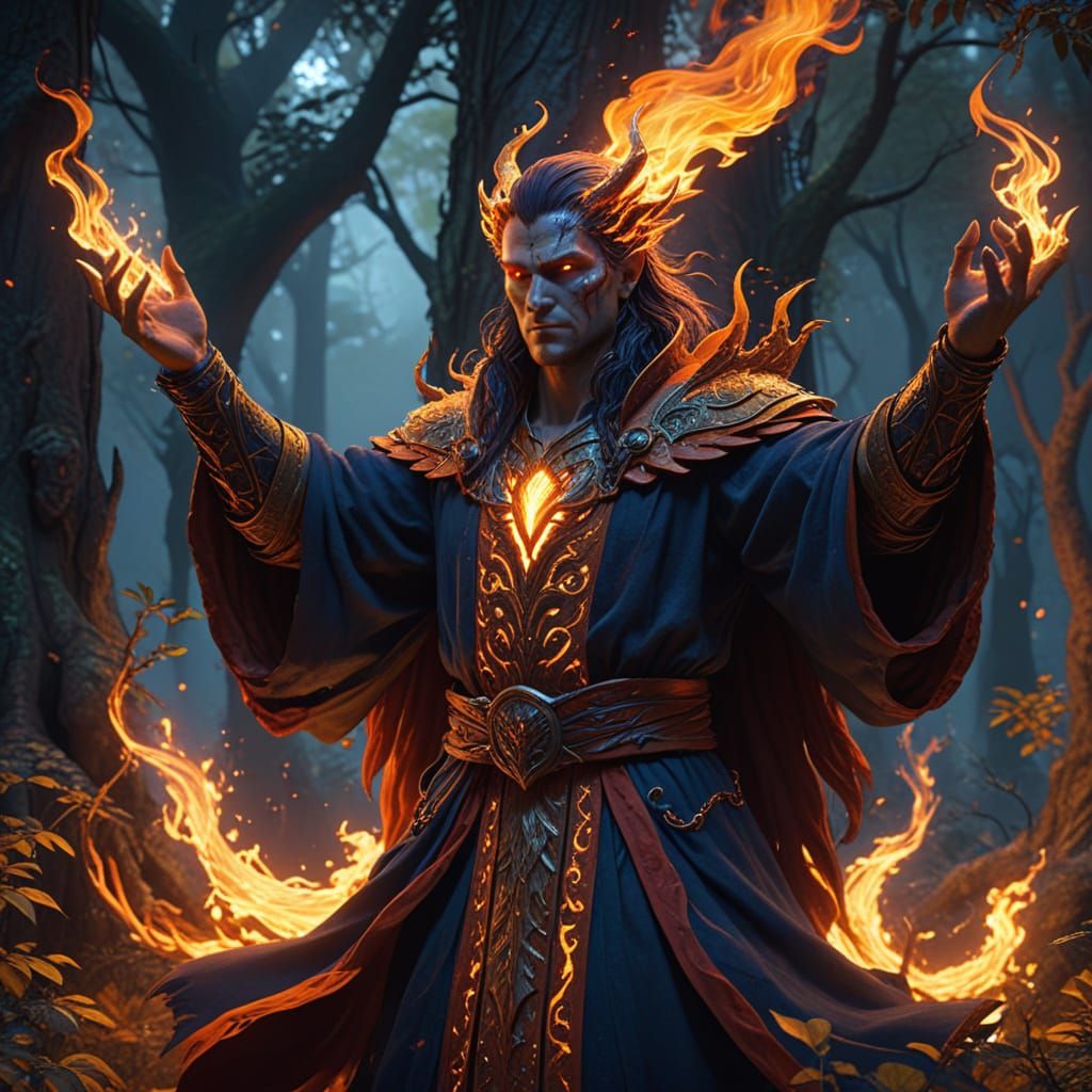 Epic Fantasy Sorcerer Amidst Ancient Forest Flames