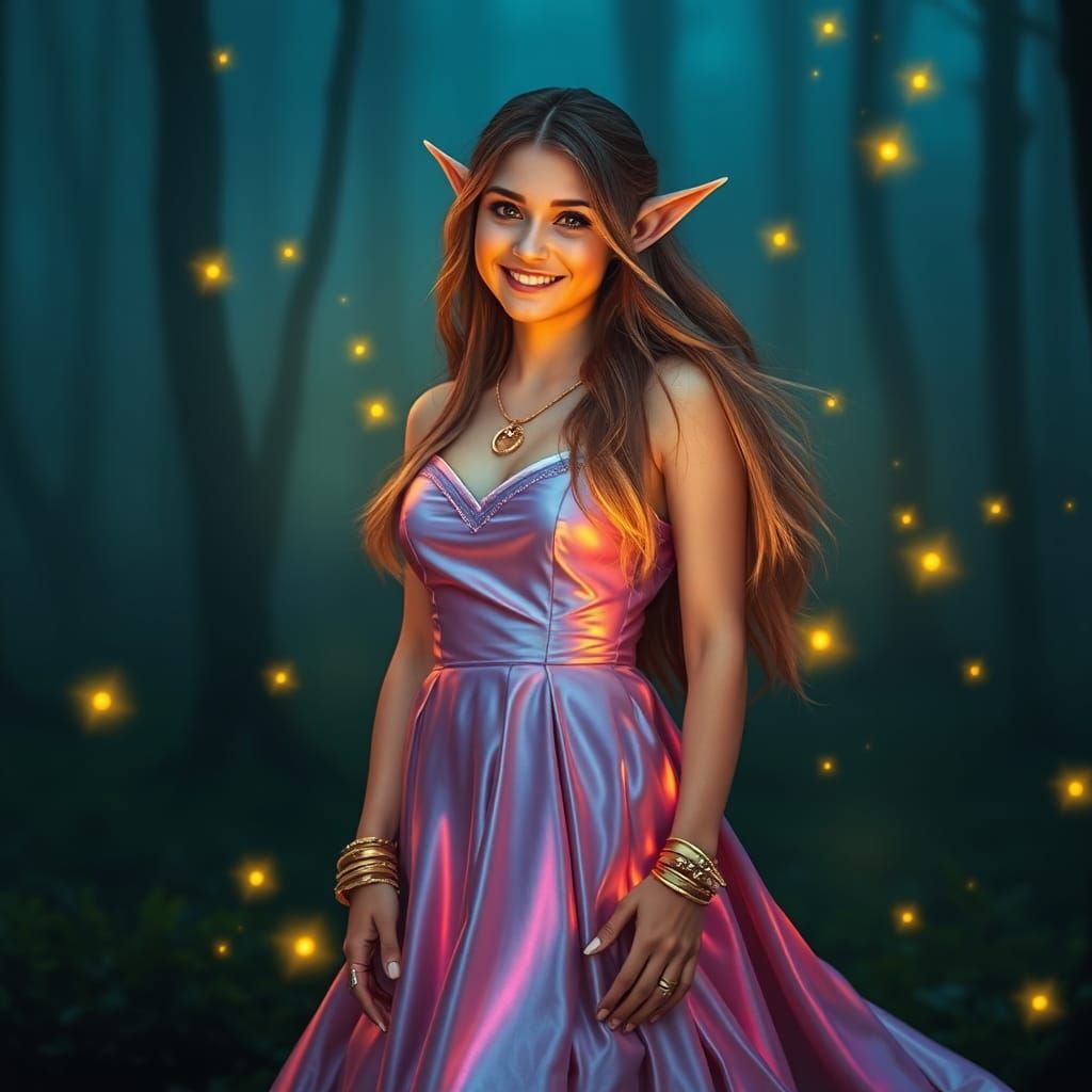 Smiling Elf Woman in a Foggy Forest