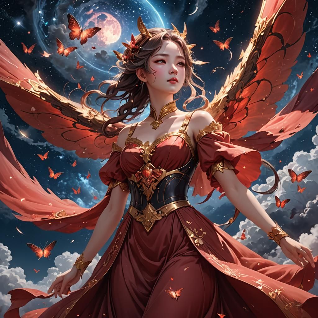 Anime Goddess in Flowing Red Dress with Moths