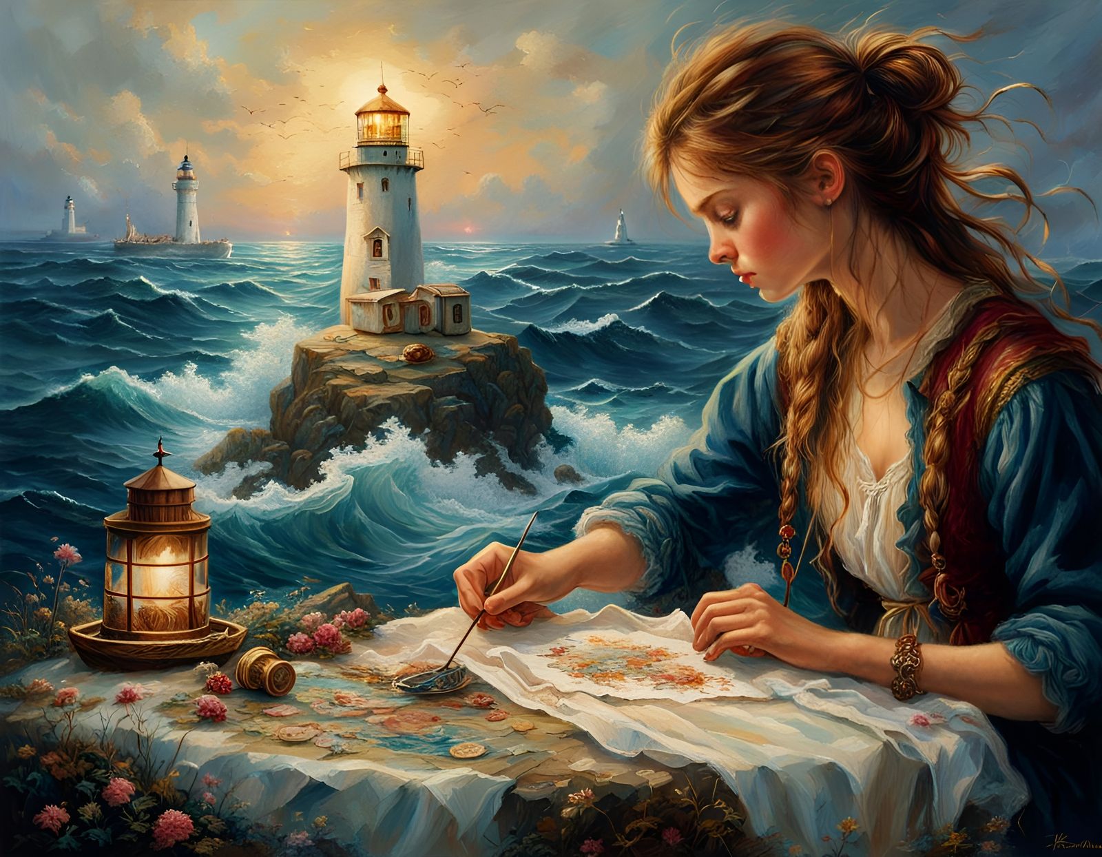 Girl Embroidering Near Lighthouse in Raging Sea