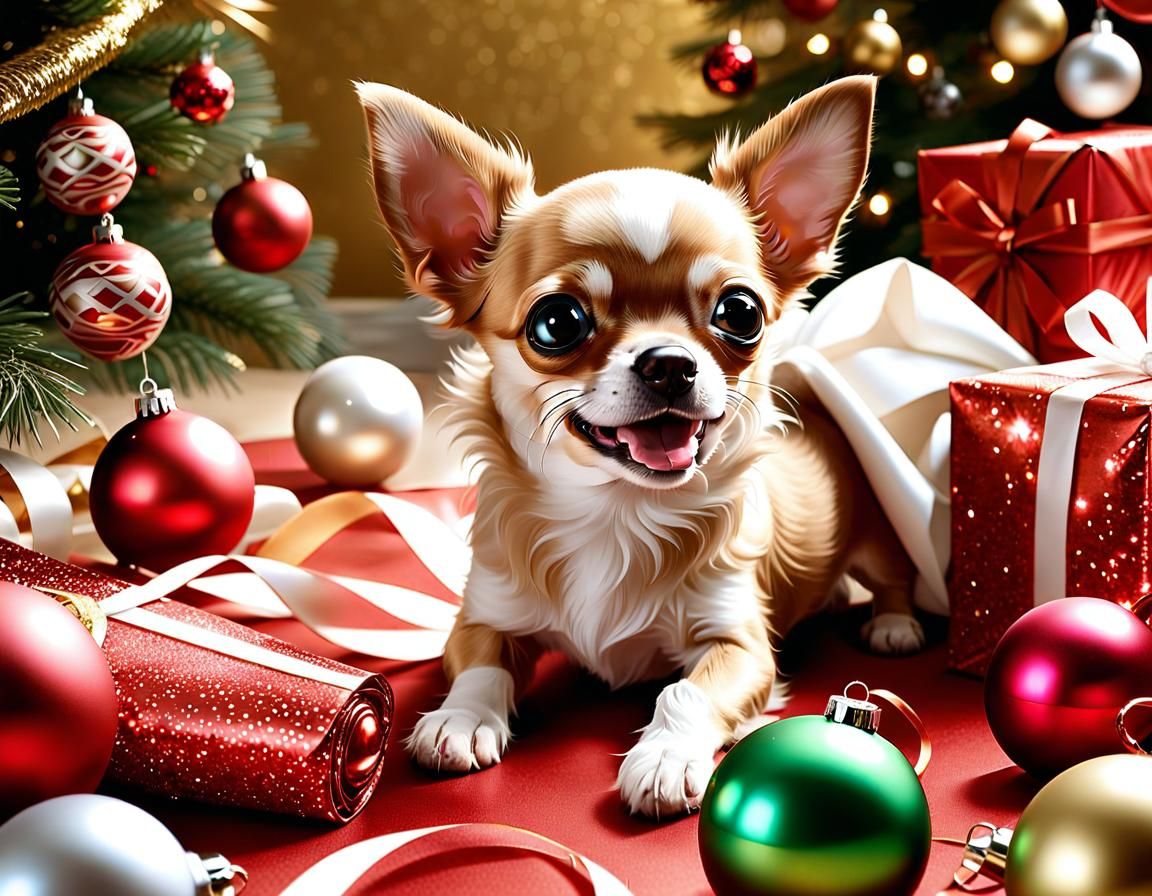 Funny Chihuahua Puppy in Christmas Wrapping Paper