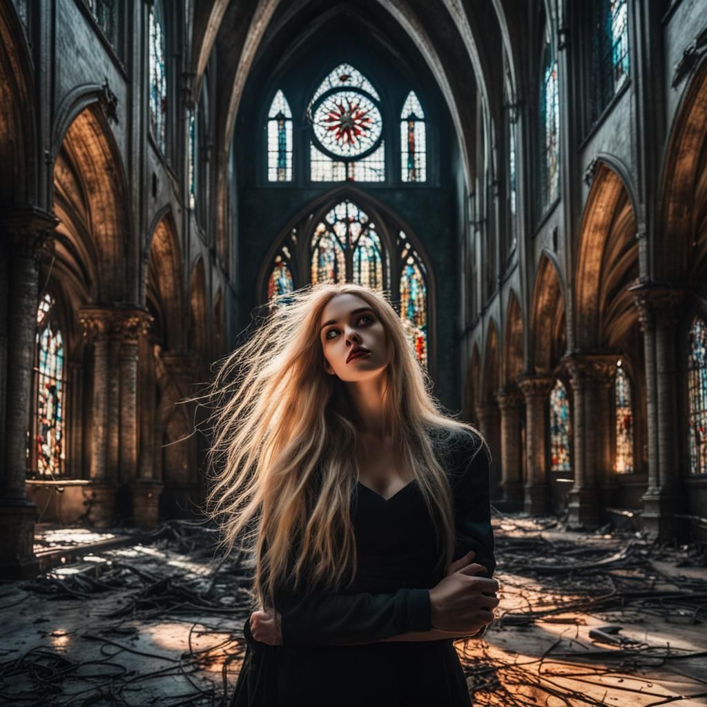 Mysterious Blonde Girl in Apocalyptic Cathedral
