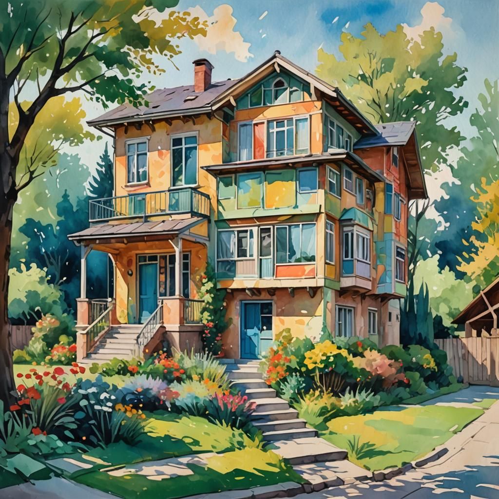Modern House in Gouache and Watercolor Style