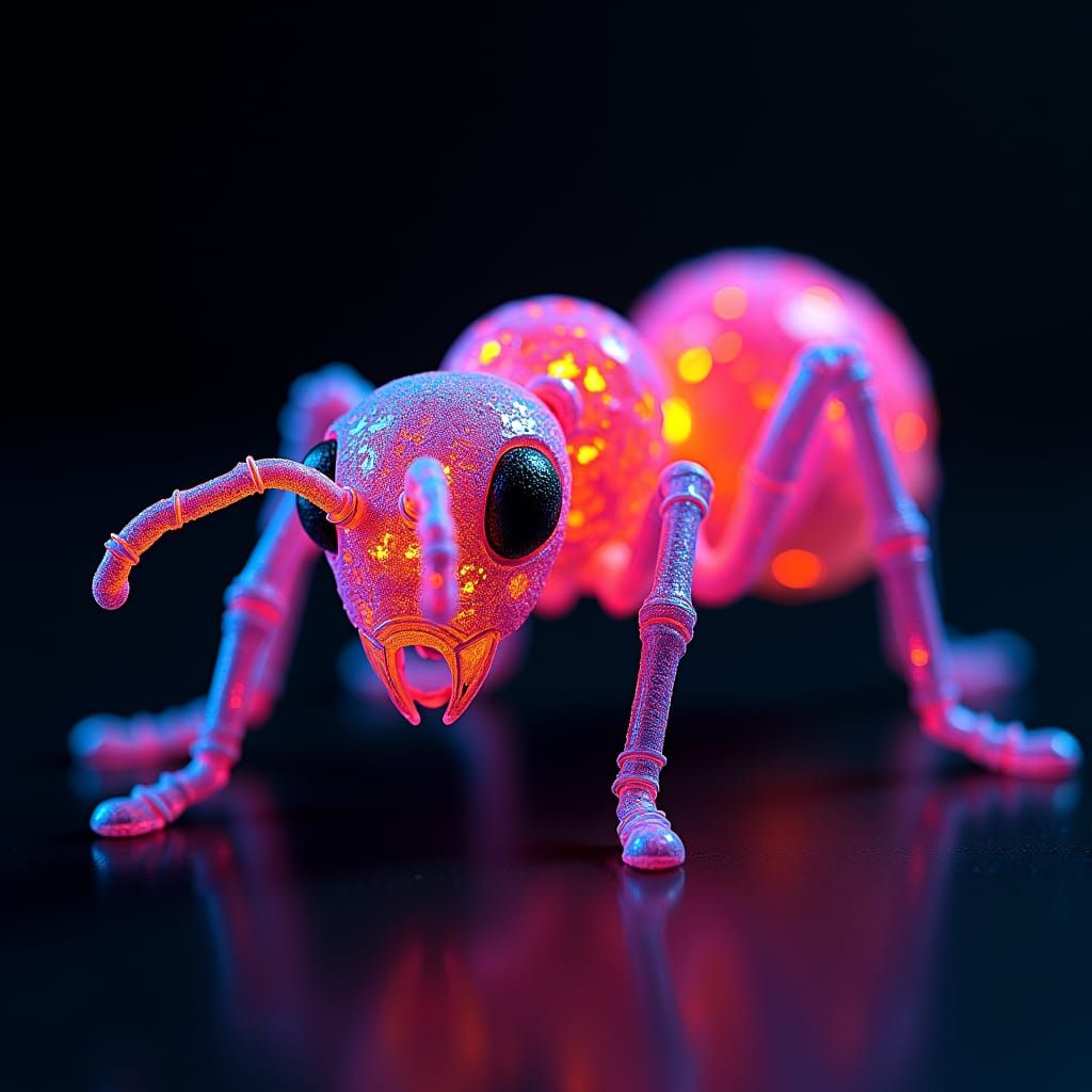 Intricate, hyper-detailed extreme close-up of an ant made of Lego bricks, fluorescent colored, bioluminescent, macro pho...