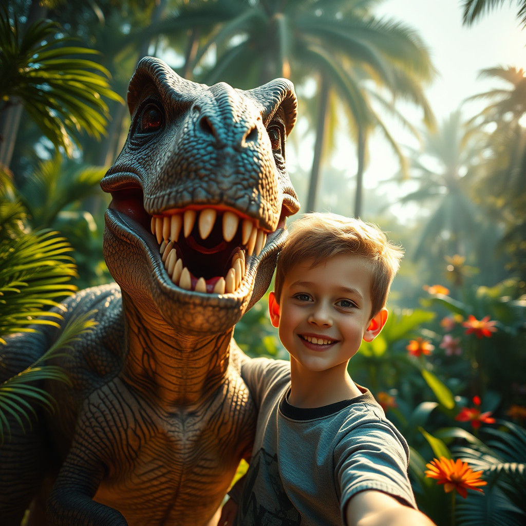 Boy and T-Rex Selfie in Cretaceous Jungle