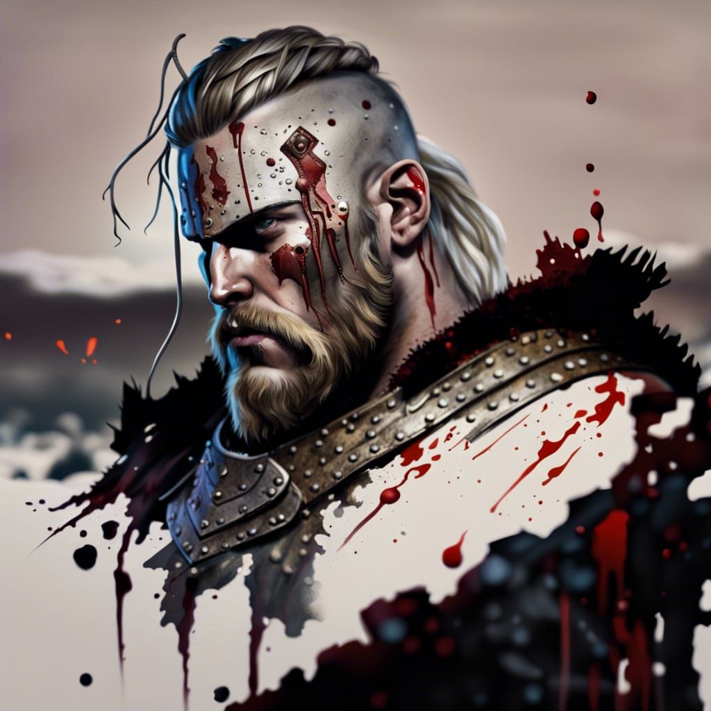 Viking Warrior Portrait on Battlefield in Splash Art Style