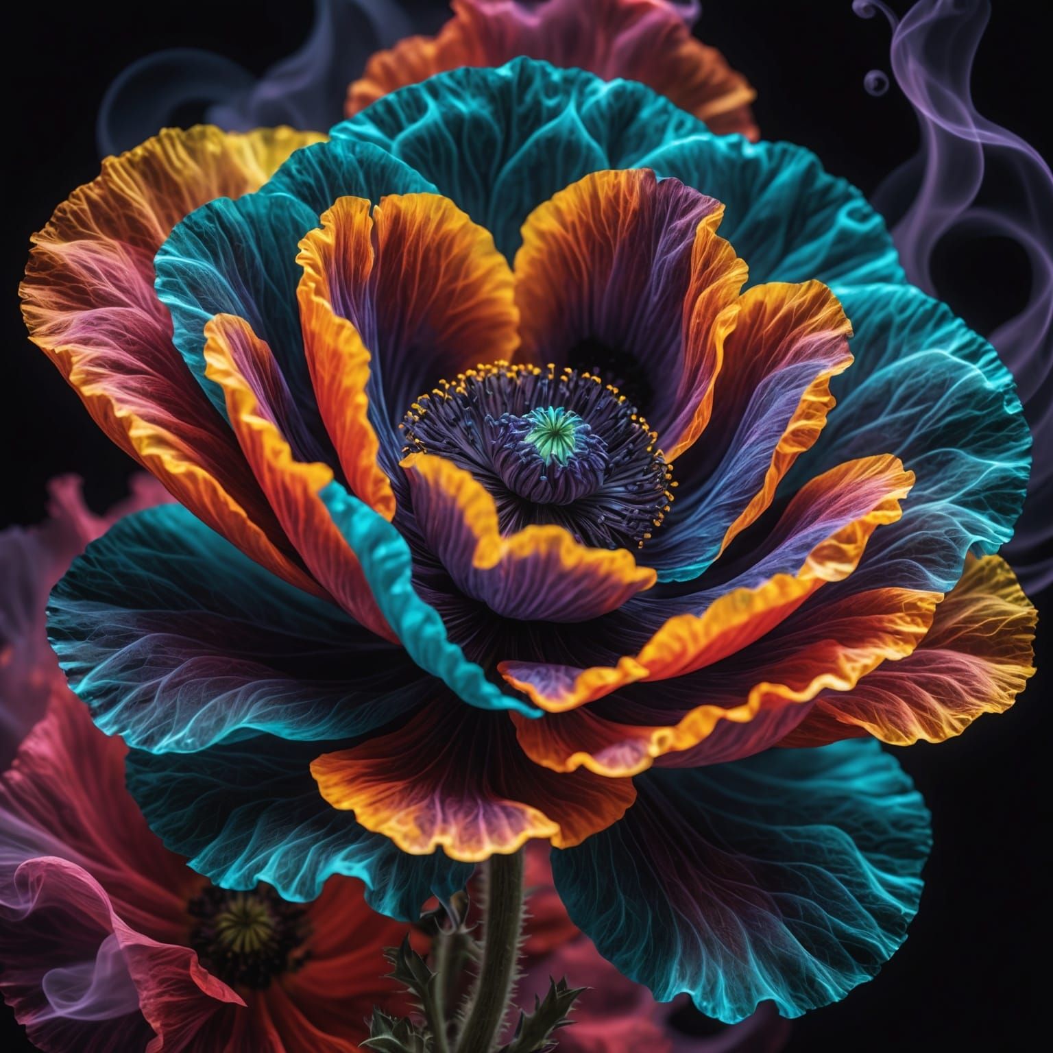 Vibrant Fractal Poppy in Multicolored Smoke
