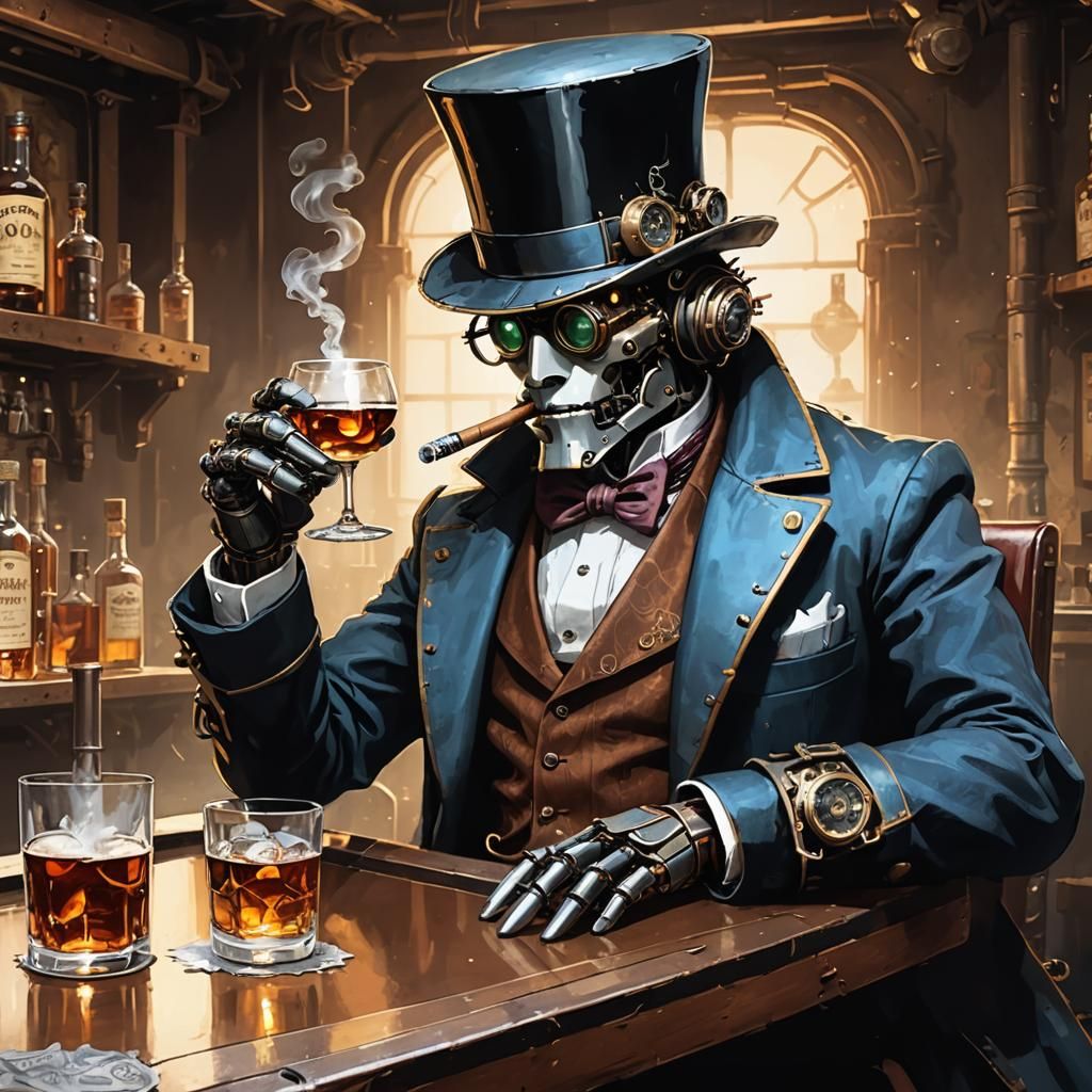 Steampunk Robot Relaxing With Cigar and Whisky