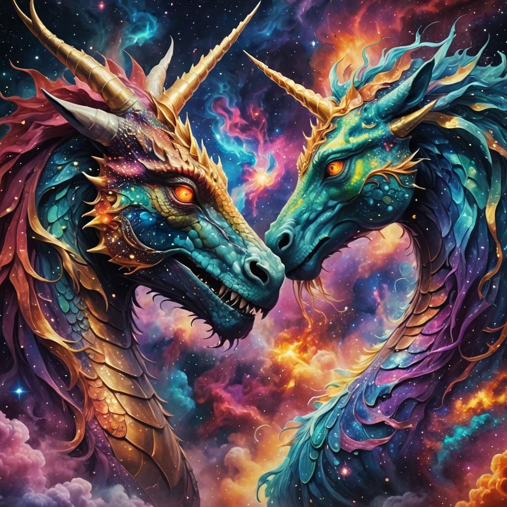 Dragon and Unicorn Nuzzle in Cosmic Splash Art