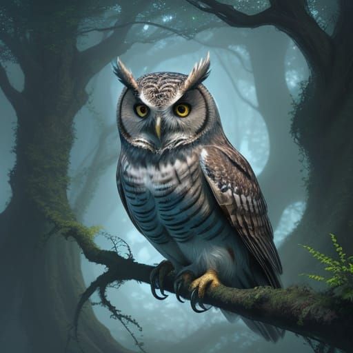Wise Owl in Enchanted Forest: Fantasy Concept Art