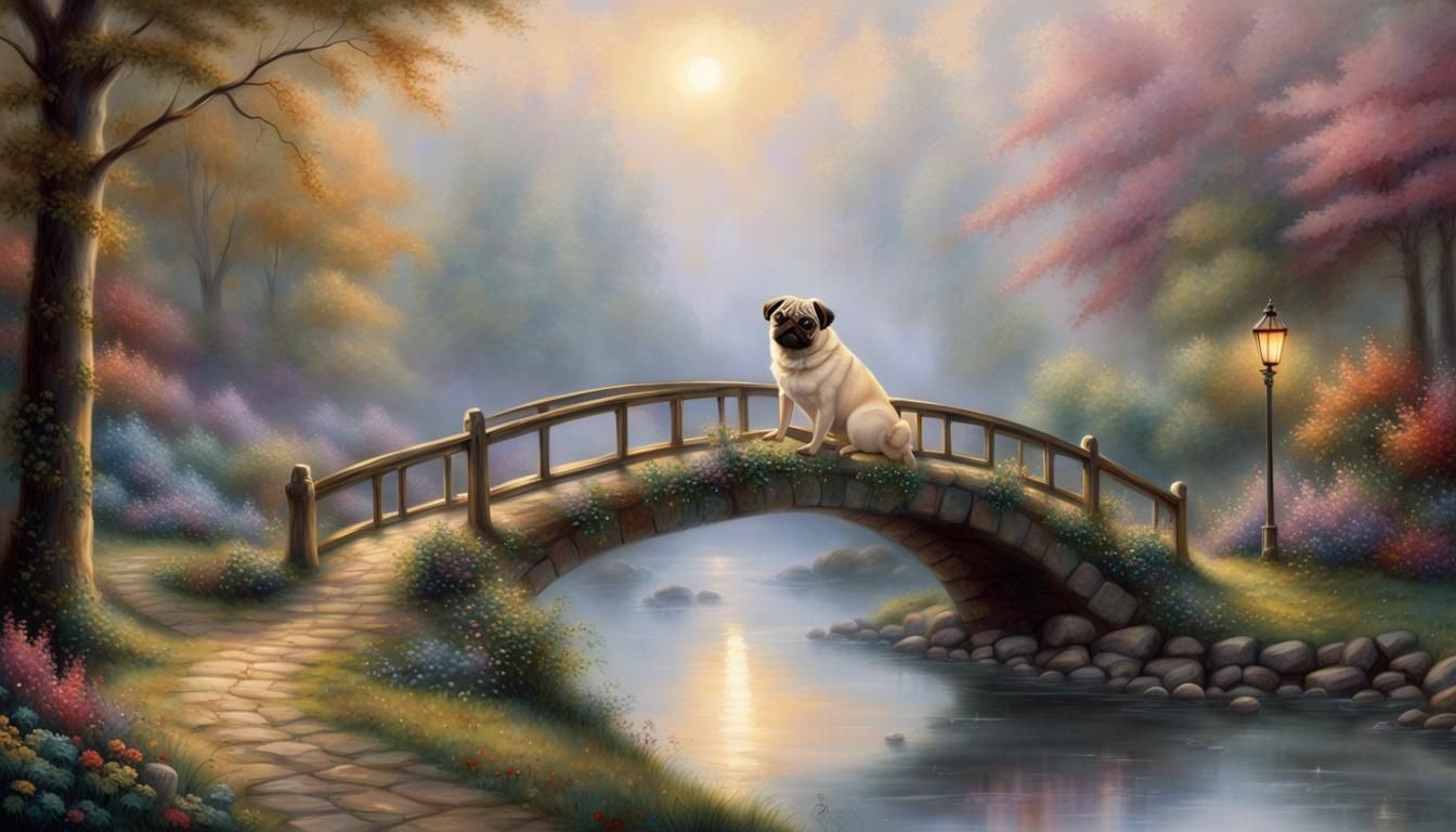 Pug's Journey: Ethereal River Landscape in Kinkade Style