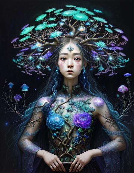 Glowing Mycelium Tree Goddess in Hyperrealism