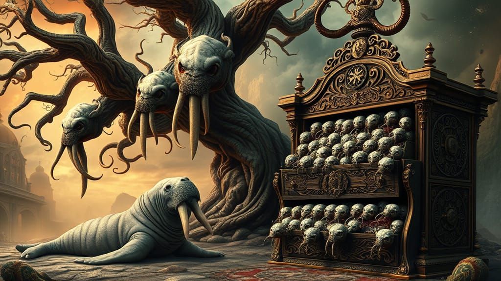 Twisted Tree of Eldritch Fruits Blooms in Dreamlike Realm