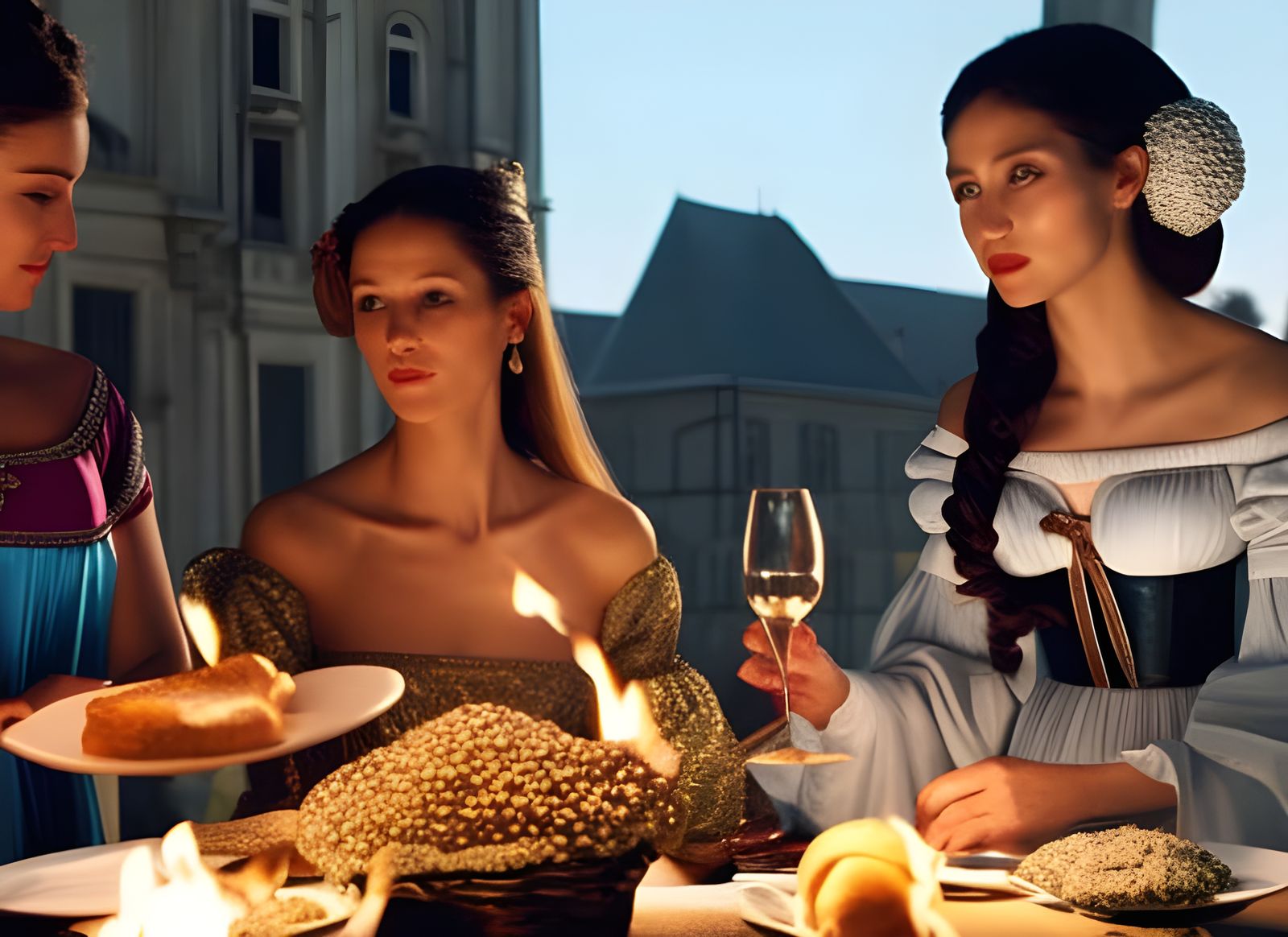 Renaissance Women Chat Over Coffee, Detailed Painting