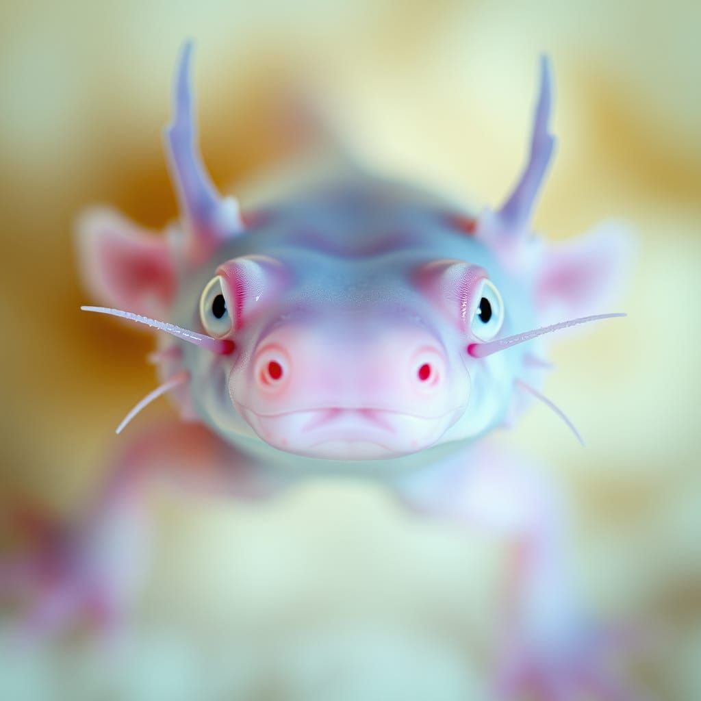 Surreal Macro Portrait of a Baby Axolotl in Ethereal, Futuri...