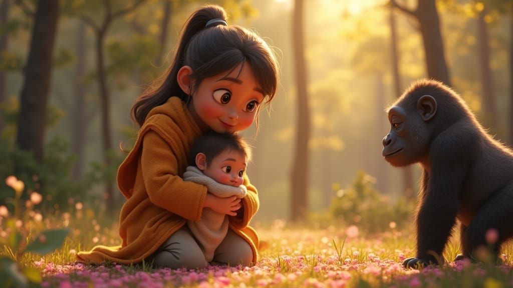 Mother and Child Embrace with Gentle Gorilla