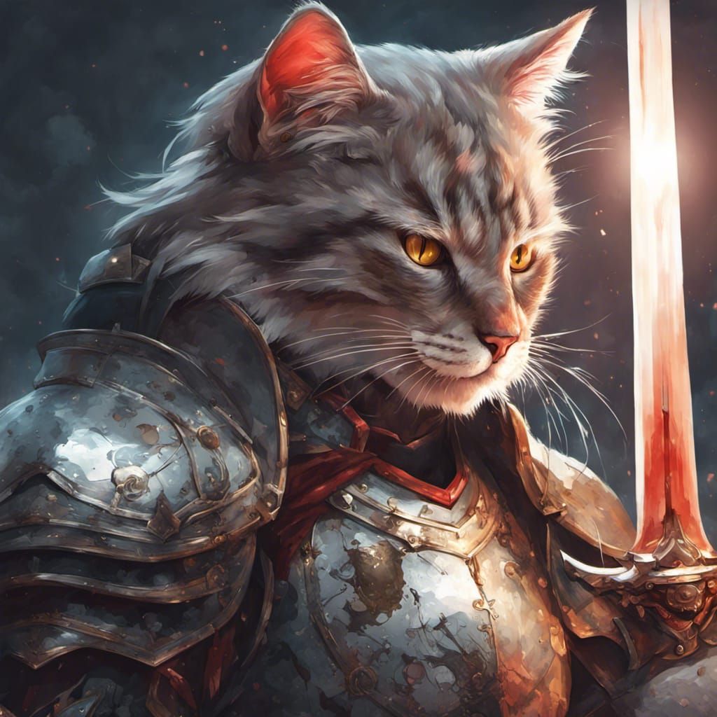 Armored Cat with Bloody Sword Portrait