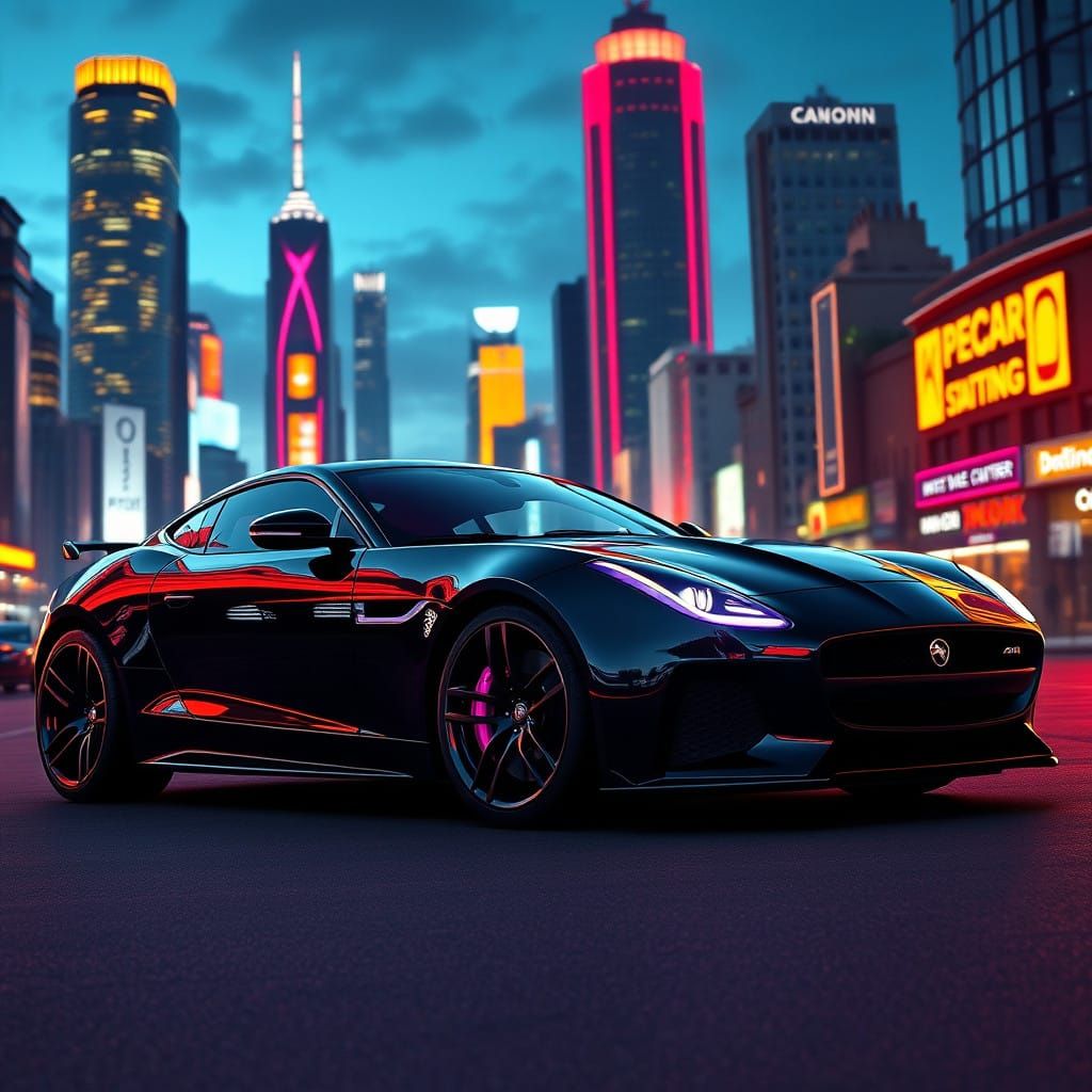 Elegant Jaguar F-Type SVR Illuminates Futuristic Cityscape