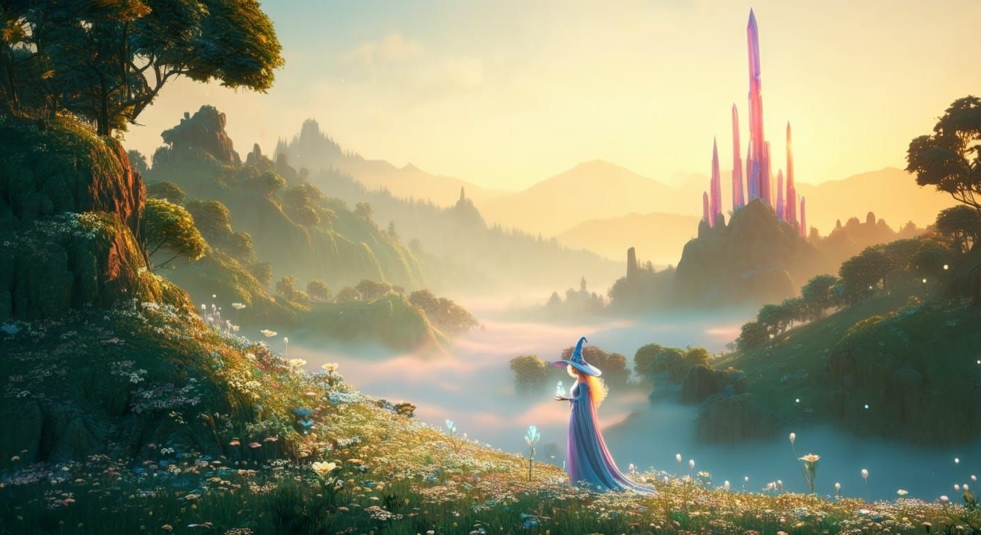 Mystical Sorceress in Iridescent Forest at Golden Hour