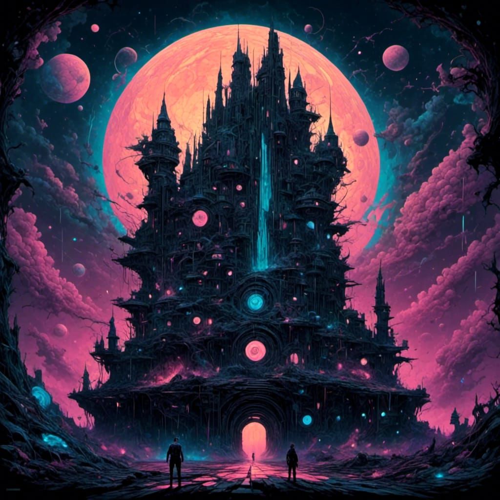 Woman and Castle in Dark Forest, Synthwave Style