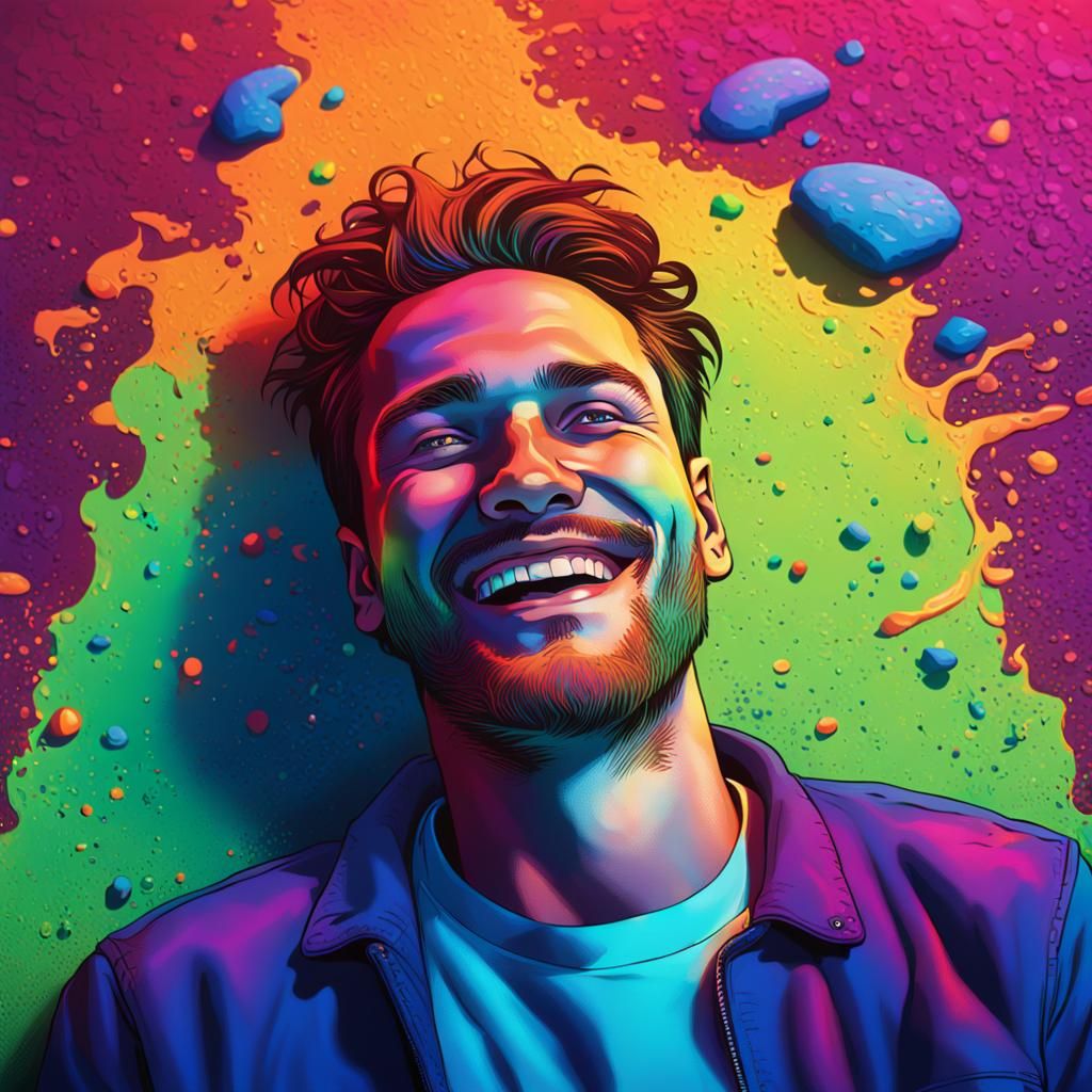 Hyperrealistic Smiling Man in Vivid Neon Colors
