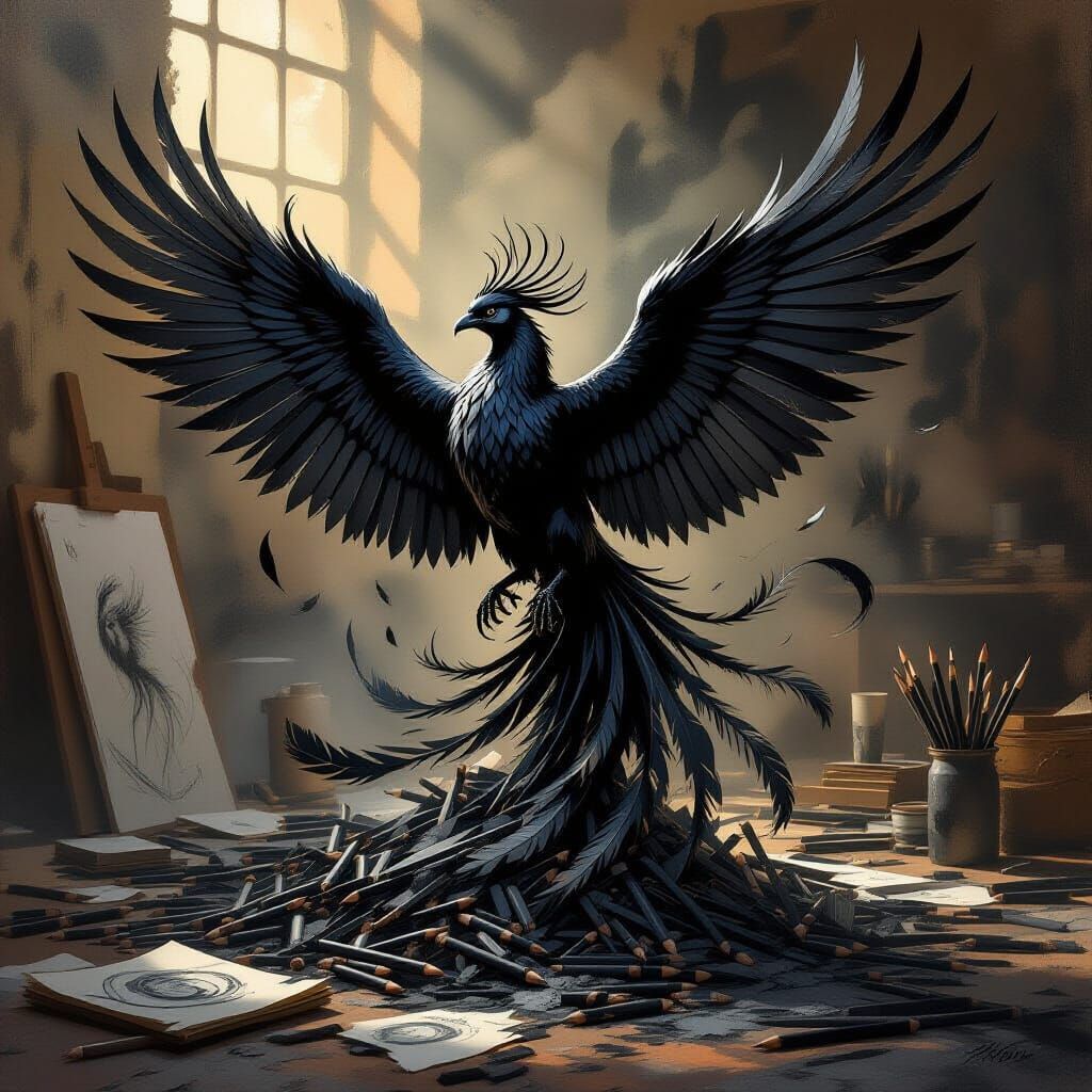 Phoenix Rises From Pencils in Dark Fantasy Oil Painting