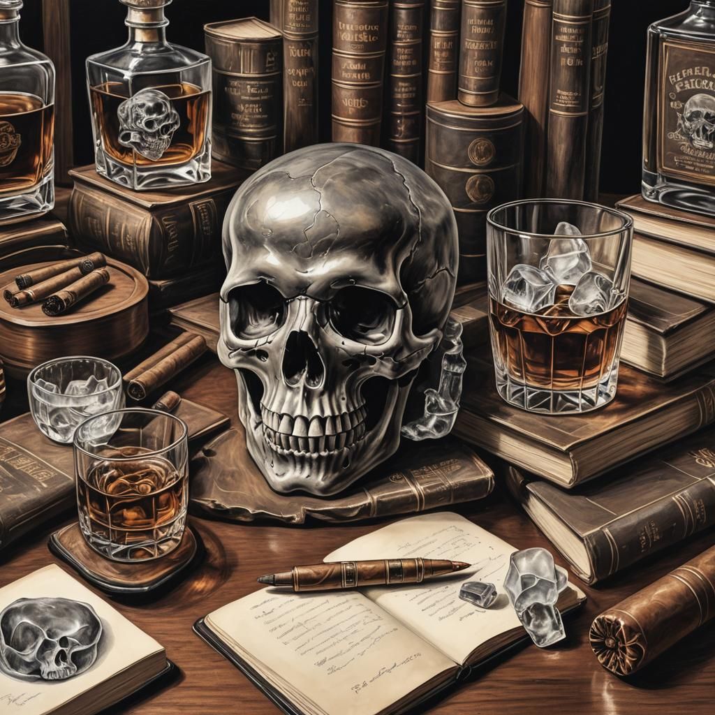 Whiskey with Skull Ice Cubes in Charcoal Style