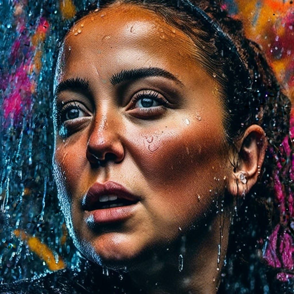 Neon Impasto Portrait of Woman in Rain