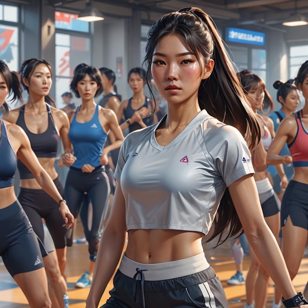 Korean Girl Portrait in Sporty Outfit, Detailed Art