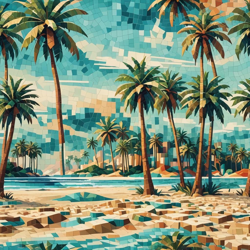 3D Pixelated Beach Scene in Geometric Fauvist Style