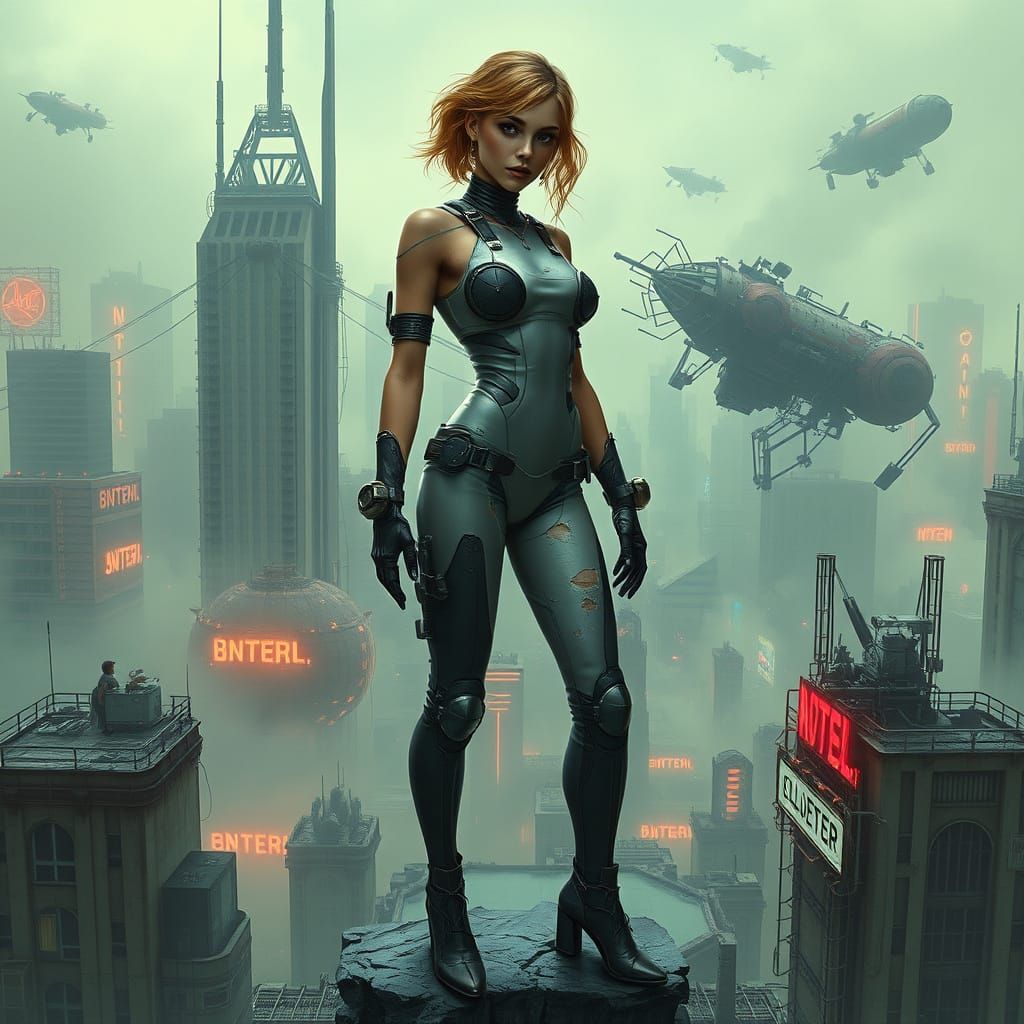 Cyberpunk Goddess in Ruins of Futuristic Metropolis