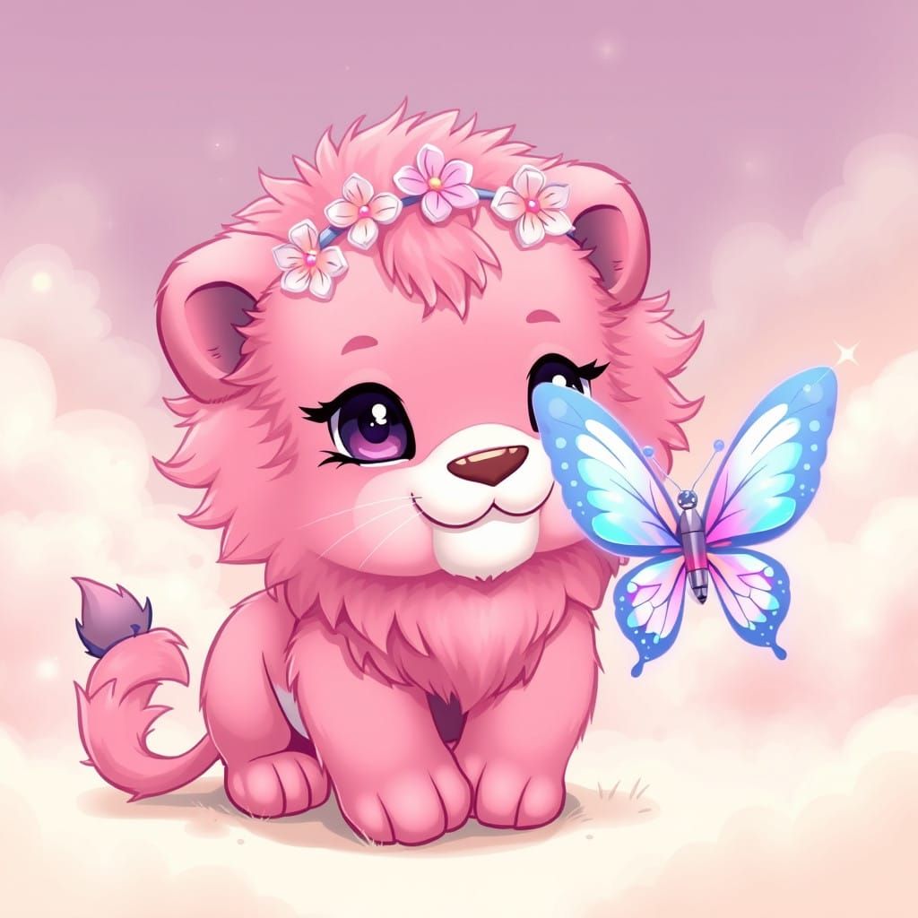 Anime-Inspired Lion Cub Chases Iridescent Butterfly in Paste...