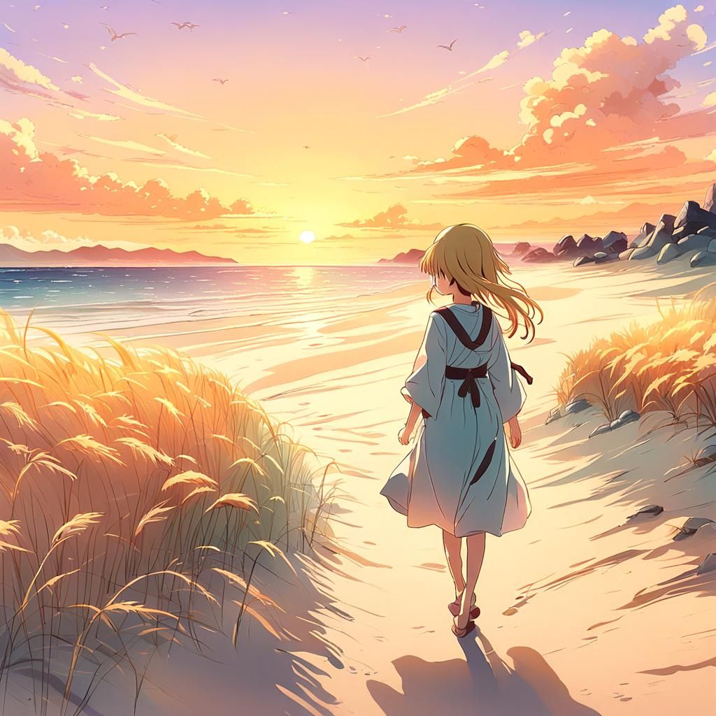 Anime Sunset Beach Scene with Lone Figure