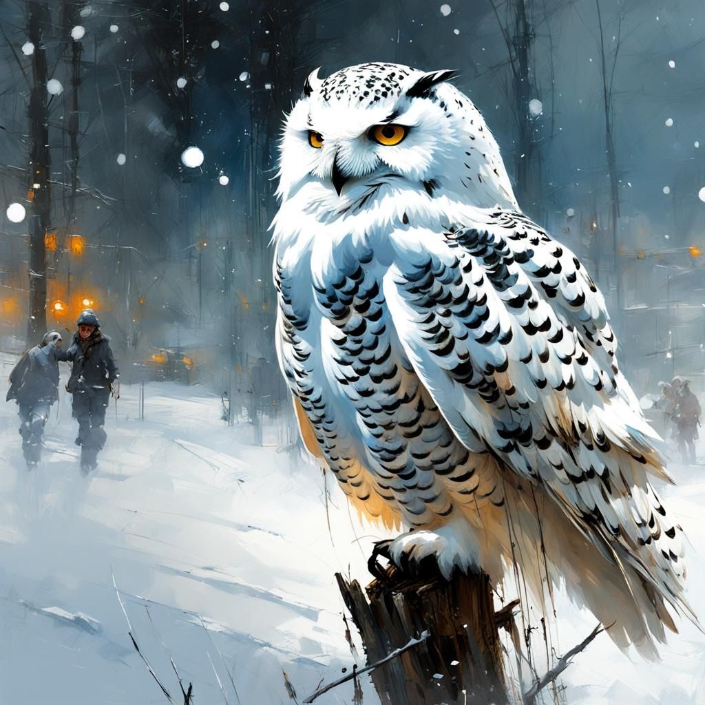 Snowy Owl on Branch: Detailed Matte Painting