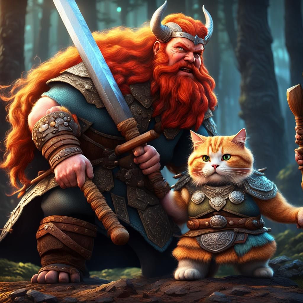 Viking Woman Warrior and Cat in Forest Battle