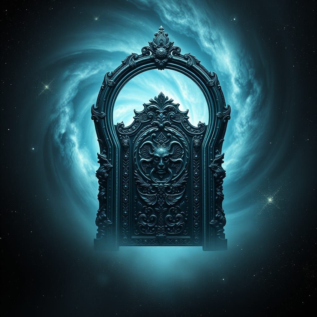 Obsidian Door in Nebula, Cosmic Horror Style