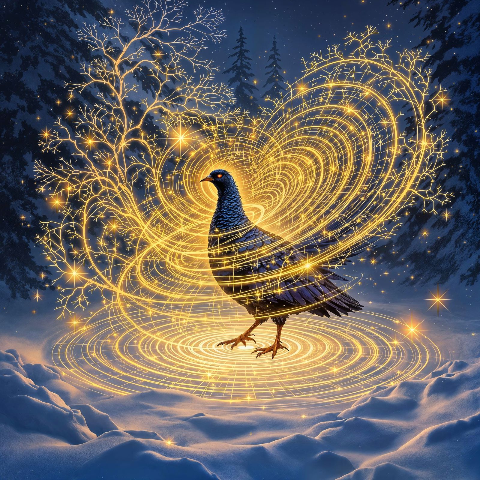 Surreal Cosmic Dance in Snowy Forest