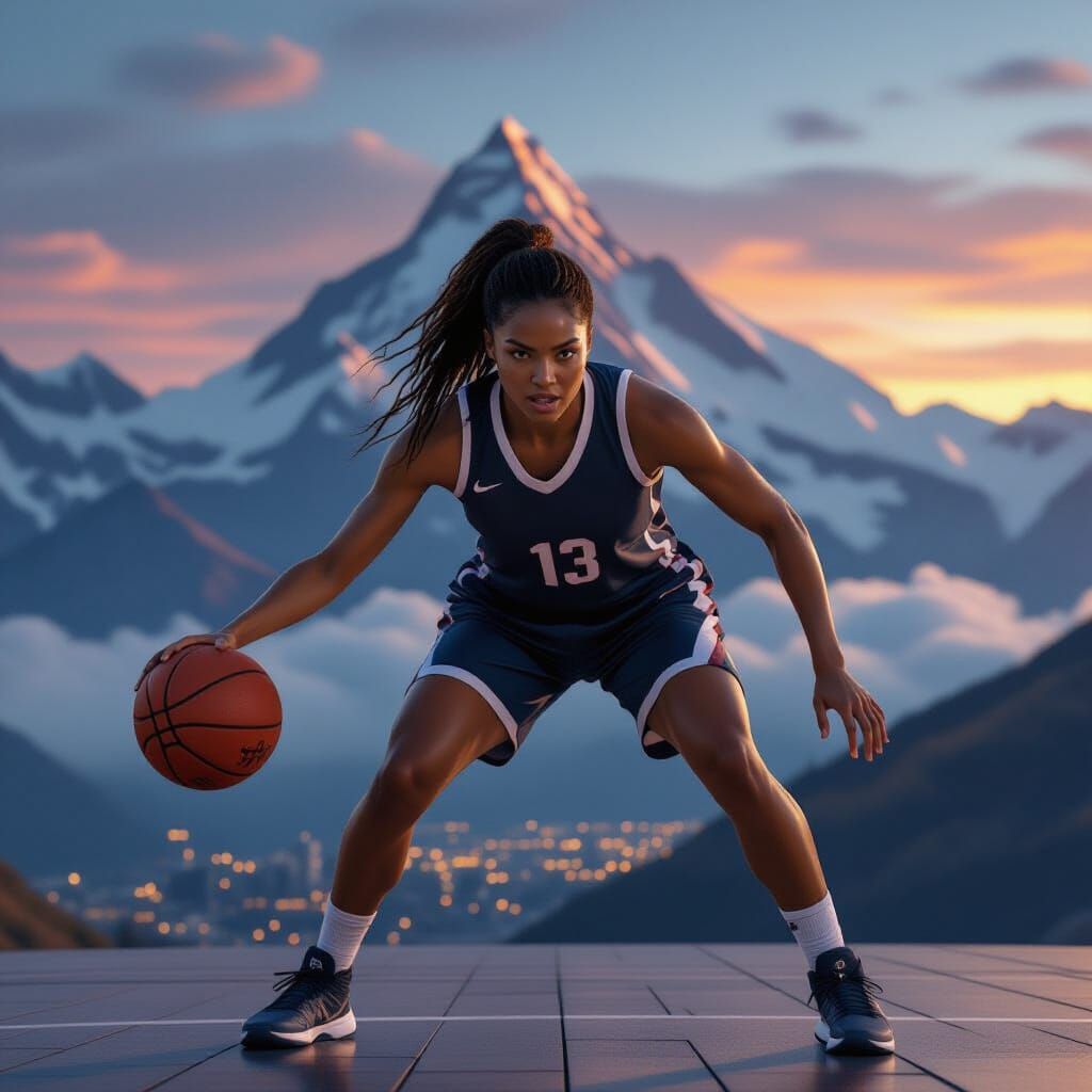 Focused Basketball Player at Mountain Peak Sunset