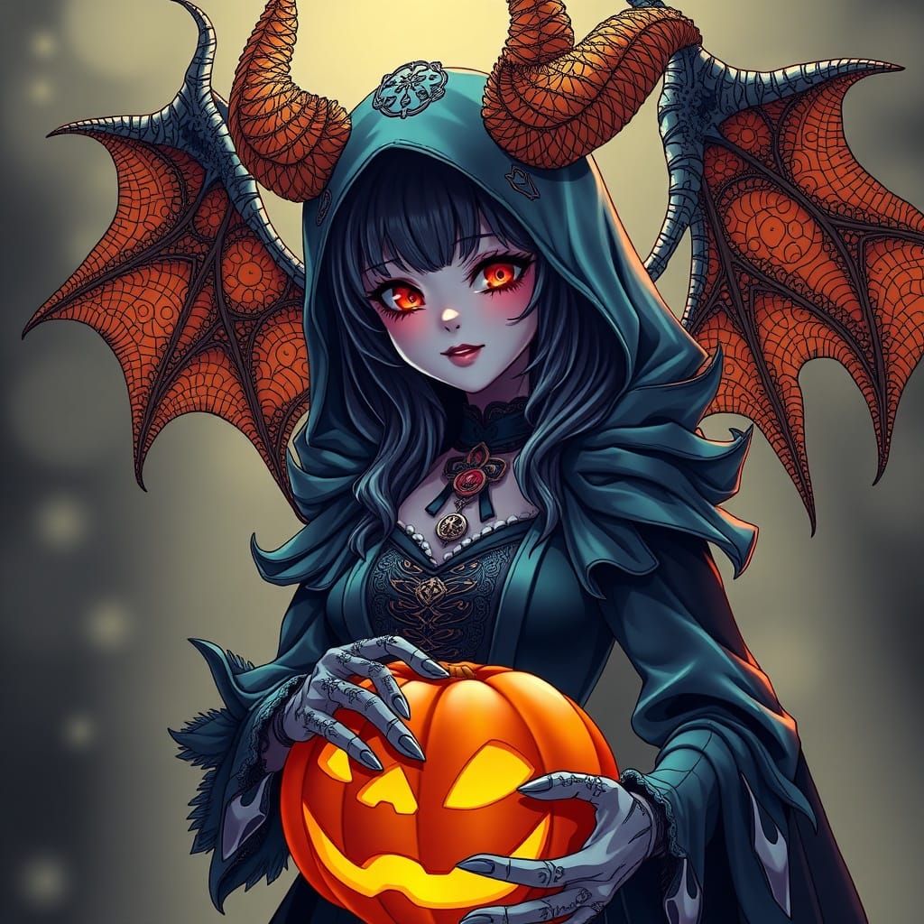 Anime Woman in Demonic Halloween Costume with Pumpkin Basket